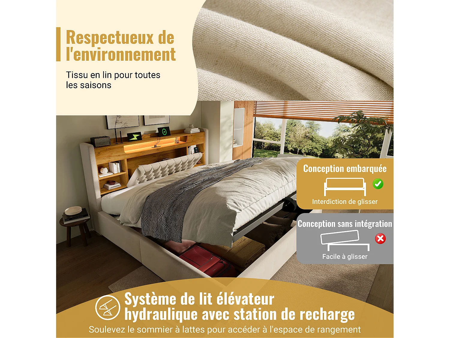 Lit coffre hydraulique - 160 x 200 cm - avec Leds + USB/Type-C + tête de lit de rangement - lin - beige