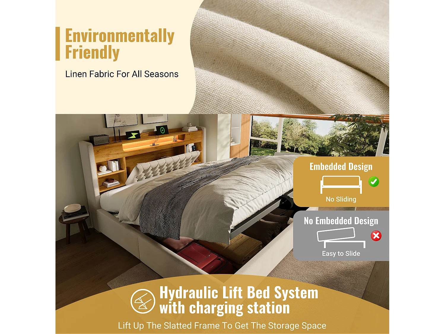 Hydraulic storage bed - 150 x 200 cm - with LEDs + USB/Type-C + storage headboard - linen - beige