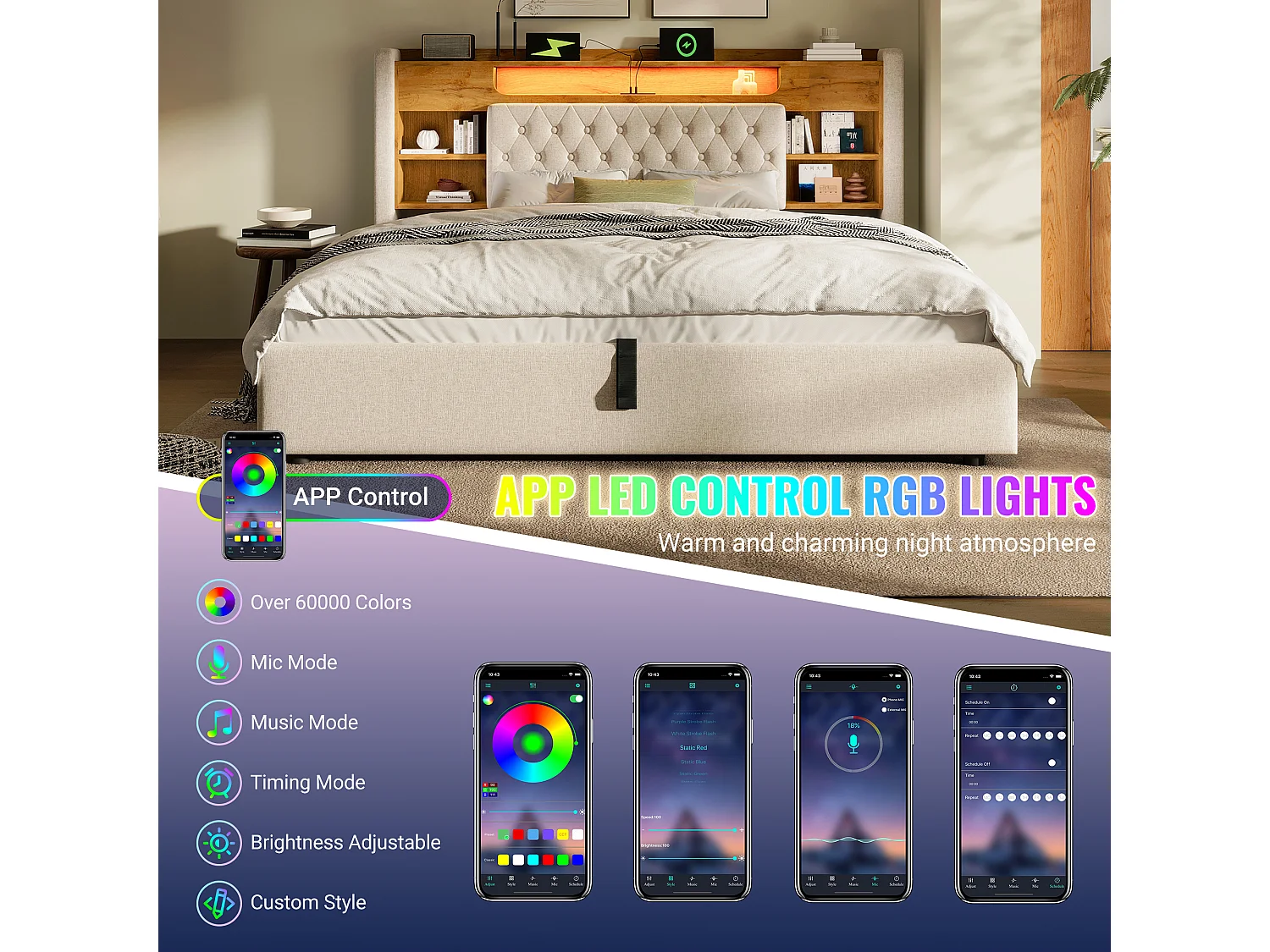 Hydraulic storage bed - 150 x 200 cm - with LEDs + USB/Type-C + storage headboard - linen - beige