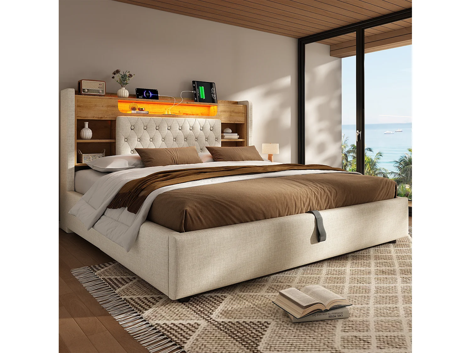 Hydraulic storage bed - 150 x 200 cm - with LEDs + USB/Type-C + storage headboard - linen - beige
