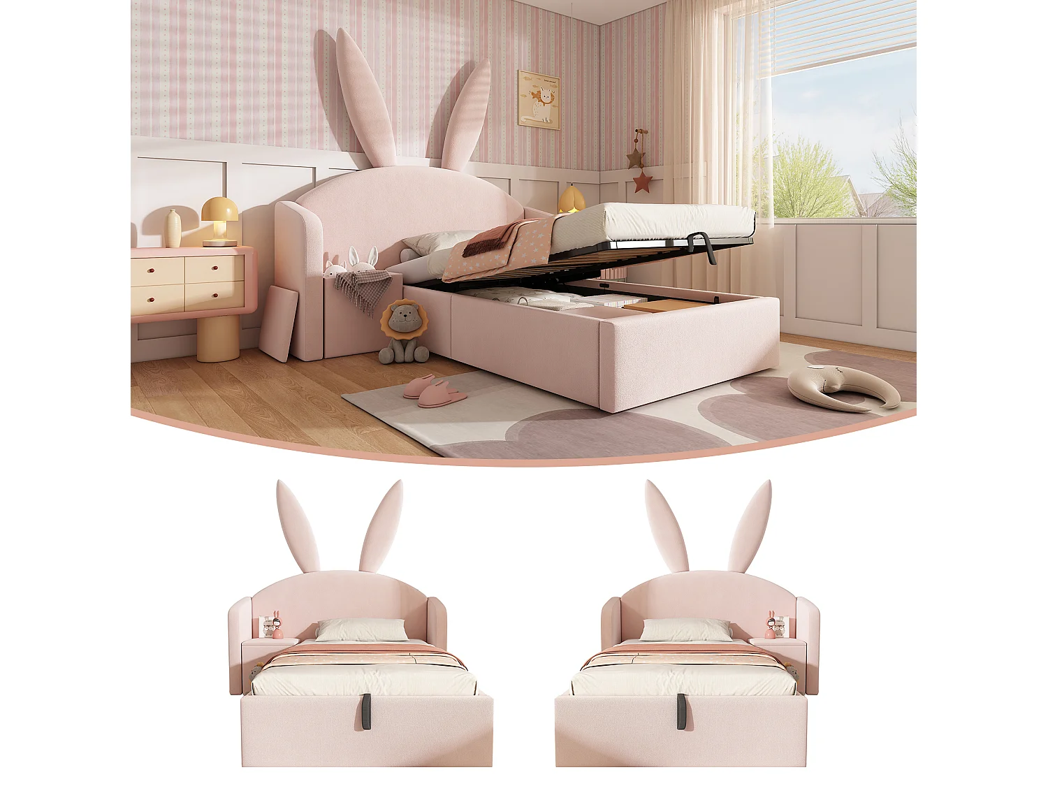 Lit coffre hydraulique capitonné enfant - 90 x 200 cm - avec tête de lit + table de chevet - velours - rose
