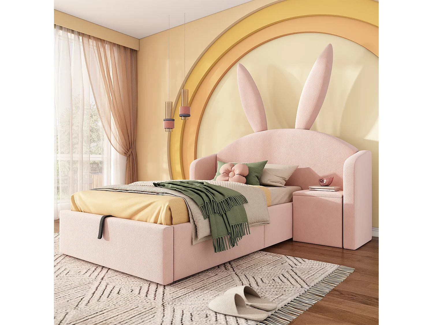 Lit coffre hydraulique capitonné enfant - 90 x 200 cm - avec tête de lit + table de chevet - velours - rose
