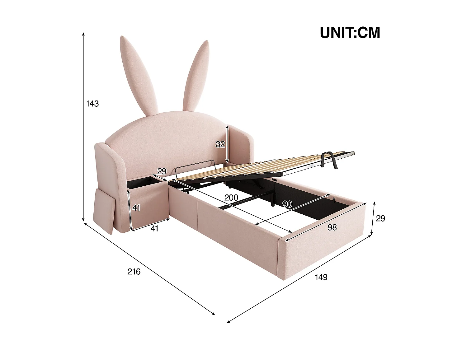 Lit coffre hydraulique capitonné enfant - 90 x 200 cm - avec tête de lit + table de chevet - velours - rose