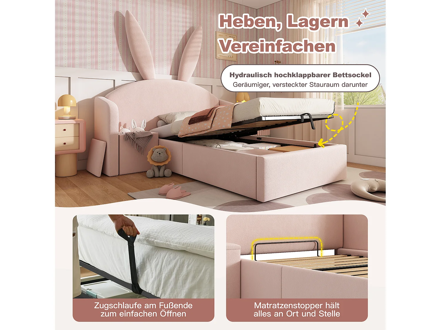 Lit coffre hydraulique capitonné enfant - 90 x 200 cm - avec tête de lit + table de chevet - velours - rose