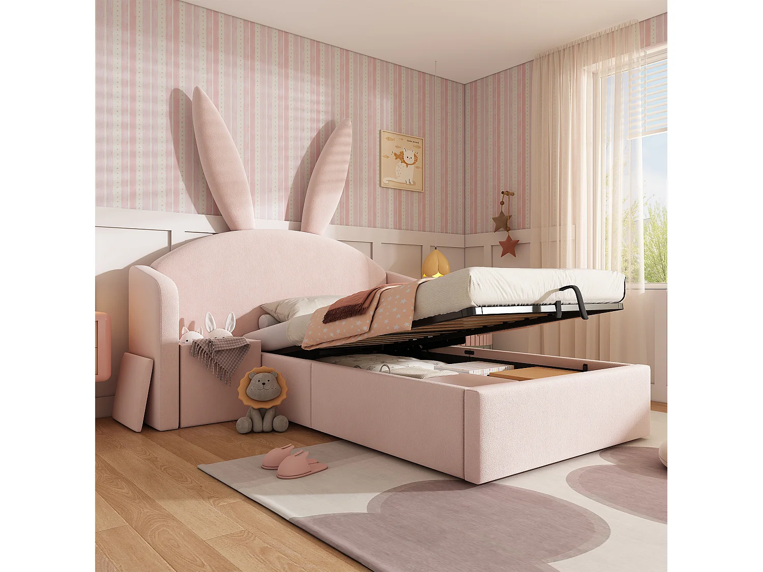 Lit coffre hydraulique capitonné enfant - 90 x 200 cm - avec tête de lit + table de chevet - velours - rose