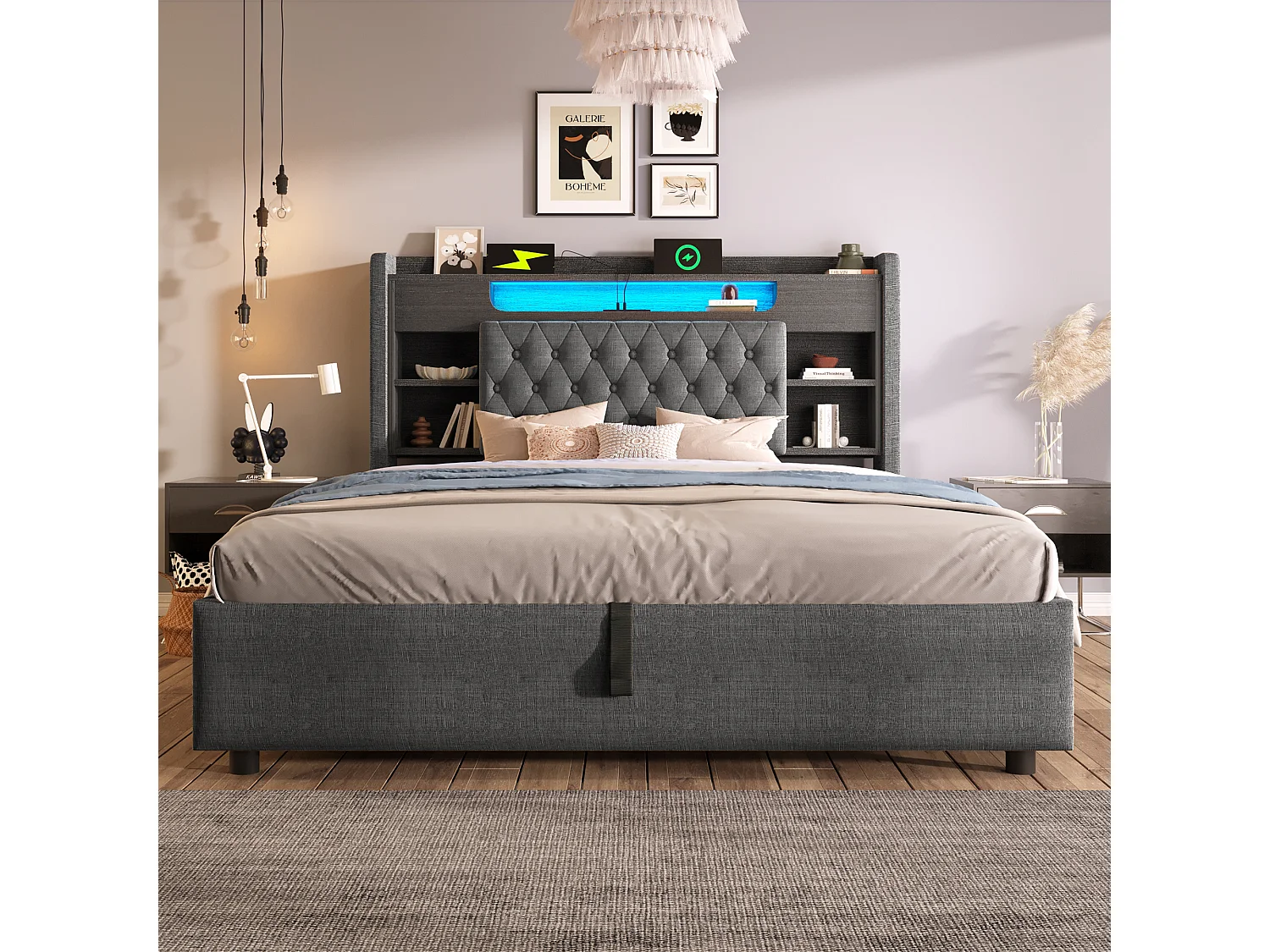 Lit coffre hydraulique - 140 x 190 cm - avec Leds + USB/Type-C + tête de lit de rangement - lin - gris