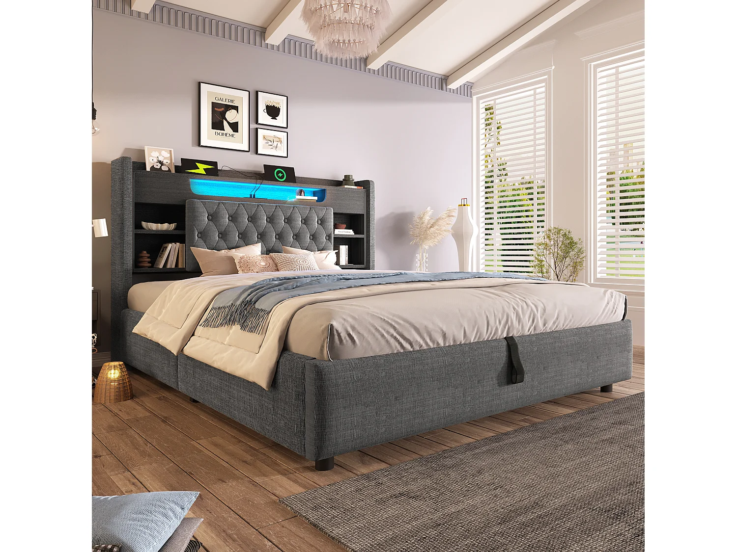 Lit coffre hydraulique - 140 x 190 cm - avec Leds + USB/Type-C + tête de lit de rangement - lin - gris