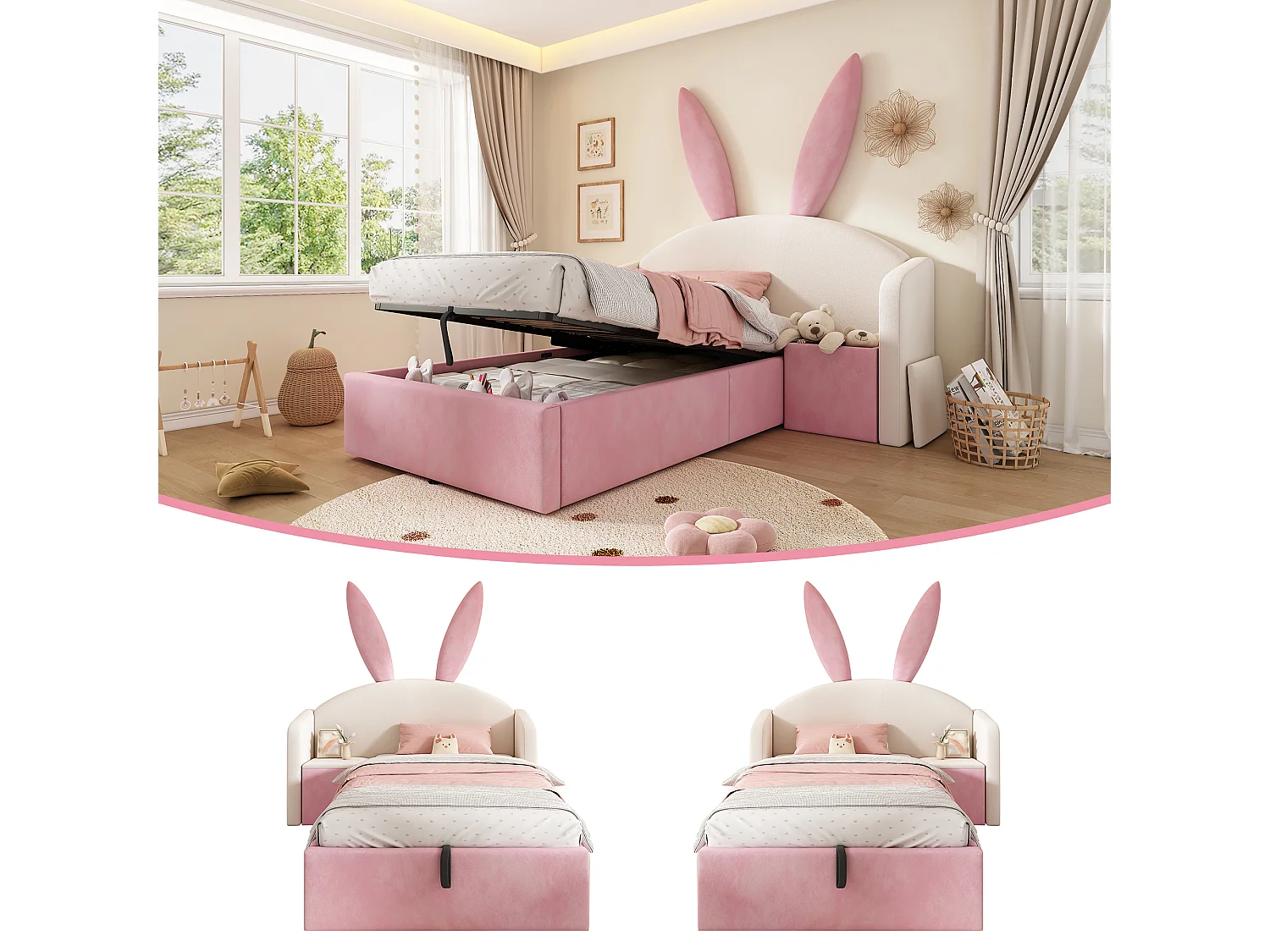 Lit coffre hydraulique capitonné enfant - 90 x 200 cm - avec tête de lit + table de chevet - velours - rose + beige
