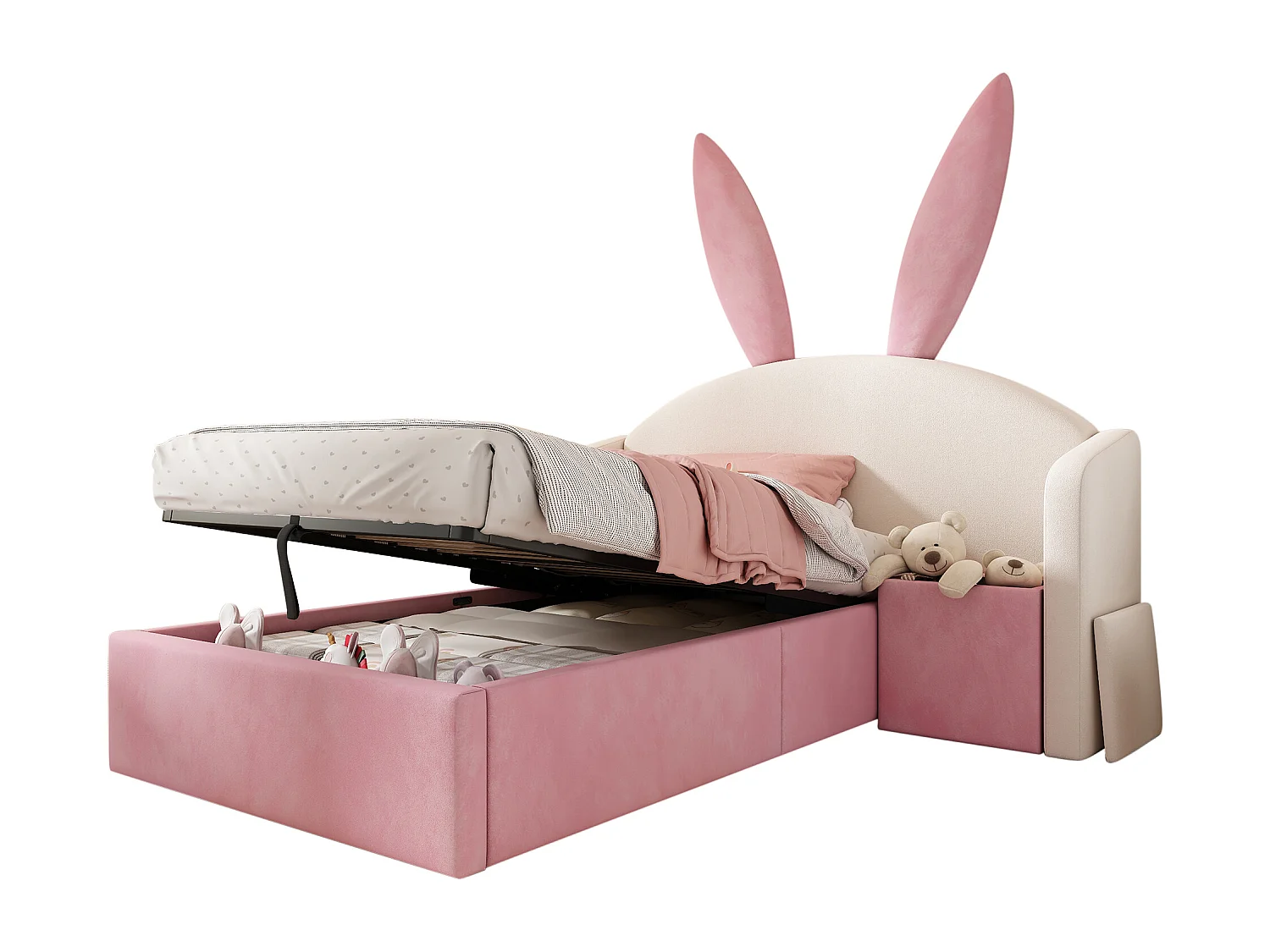 Lit coffre hydraulique capitonné enfant - 90 x 200 cm - avec tête de lit + table de chevet - velours - rose + beige