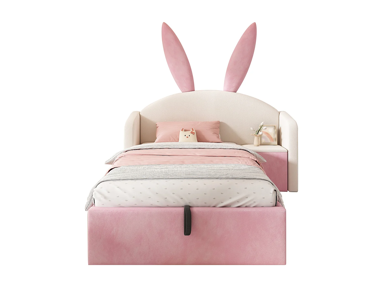 Lit coffre hydraulique capitonné enfant - 90 x 200 cm - avec tête de lit + table de chevet - velours - rose + beige