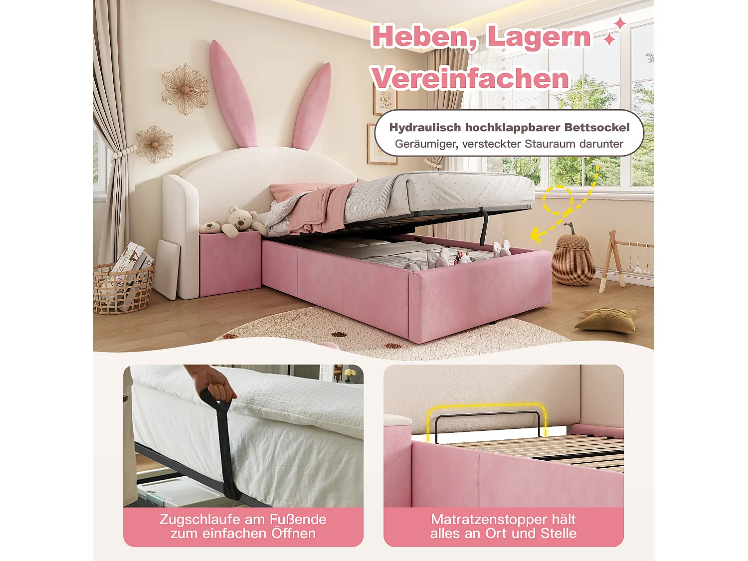 Lit coffre hydraulique capitonné enfant - 90 x 200 cm - avec tête de lit + table de chevet - velours - rose + beige