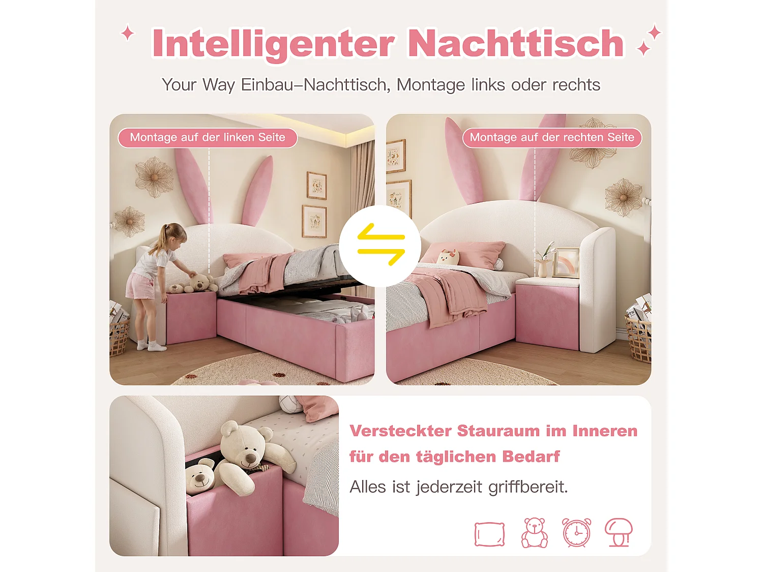 Lit coffre hydraulique capitonné enfant - 90 x 200 cm - avec tête de lit + table de chevet - velours - rose + beige