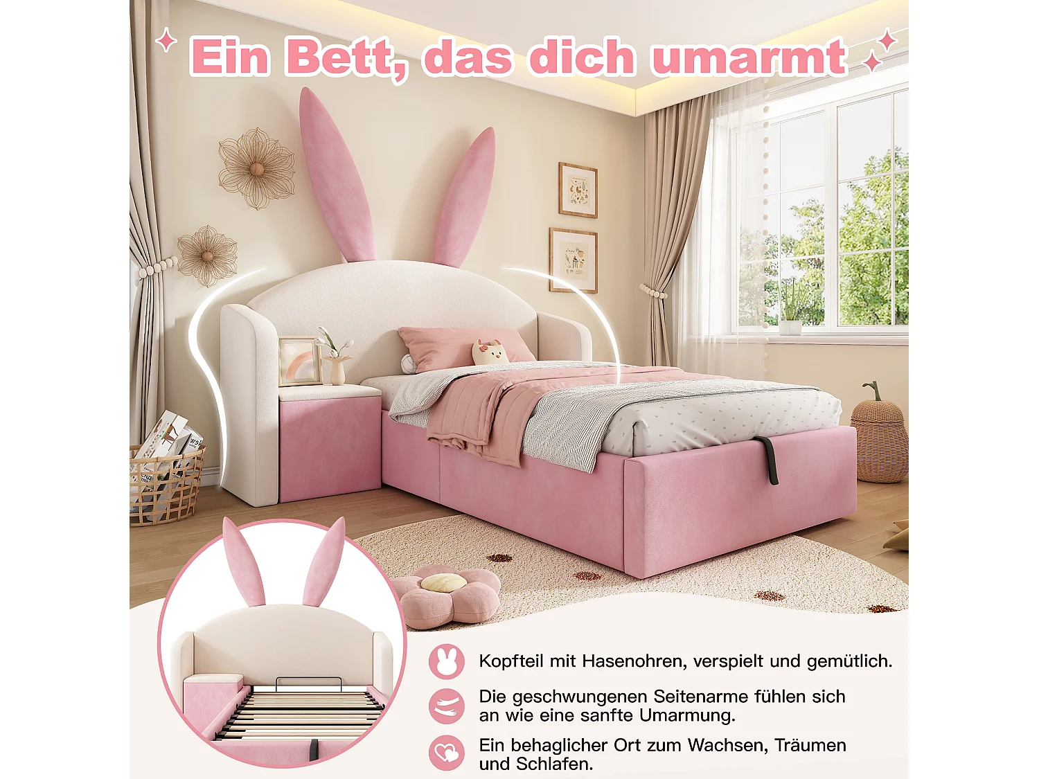 Lit coffre hydraulique capitonné enfant - 90 x 200 cm - avec tête de lit + table de chevet - velours - rose + beige