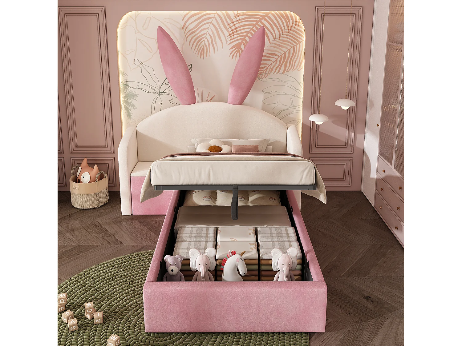 Lit coffre hydraulique capitonné enfant - 90 x 200 cm - avec tête de lit + table de chevet - velours - rose + beige