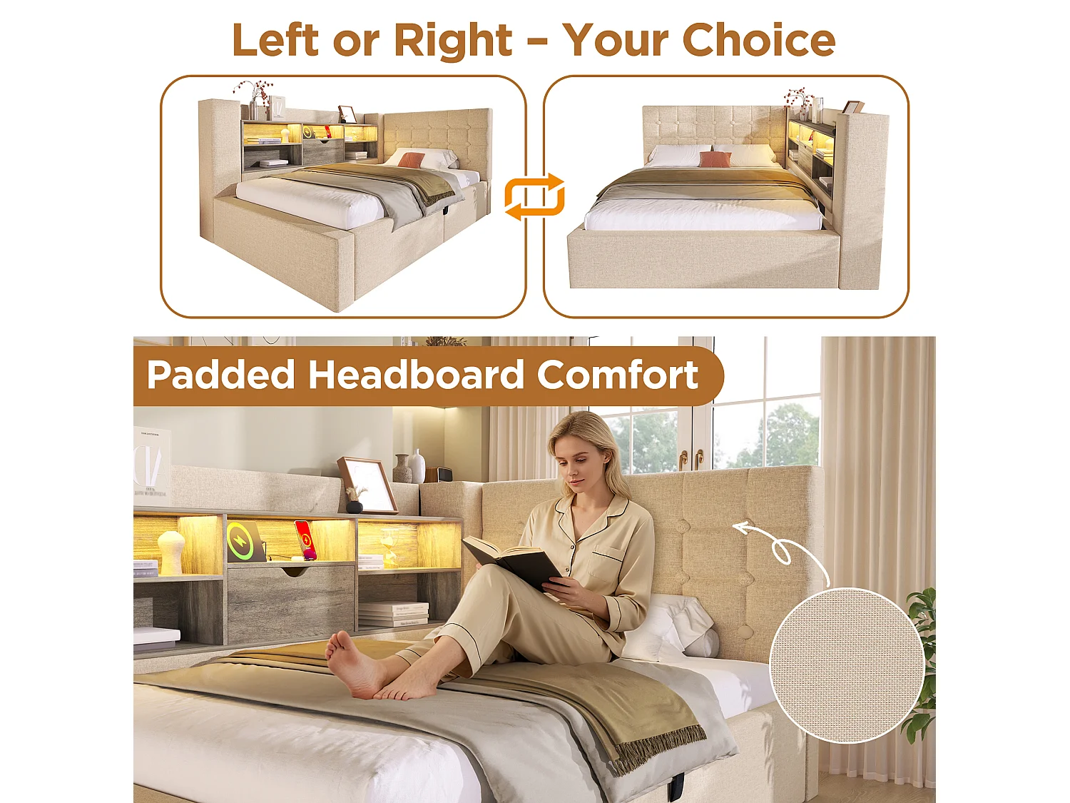 Upholstered sofa bed - 90 x 190 cm - with LEDs + hydraulic storage + L-shaped headboard with storage - linen - beige