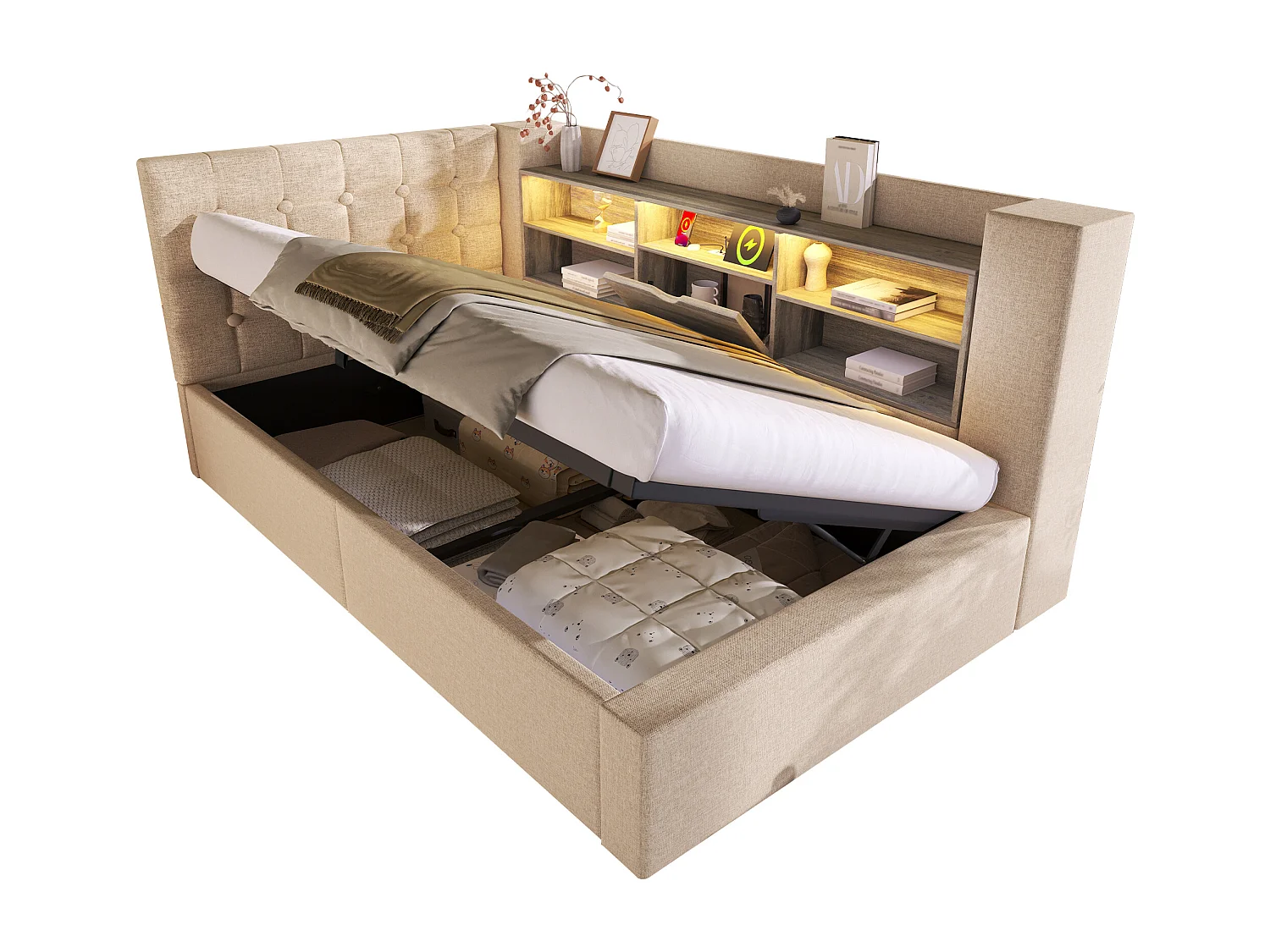 Upholstered sofa bed - 90 x 190 cm - with LEDs + hydraulic storage + L-shaped headboard with storage - linen - beige