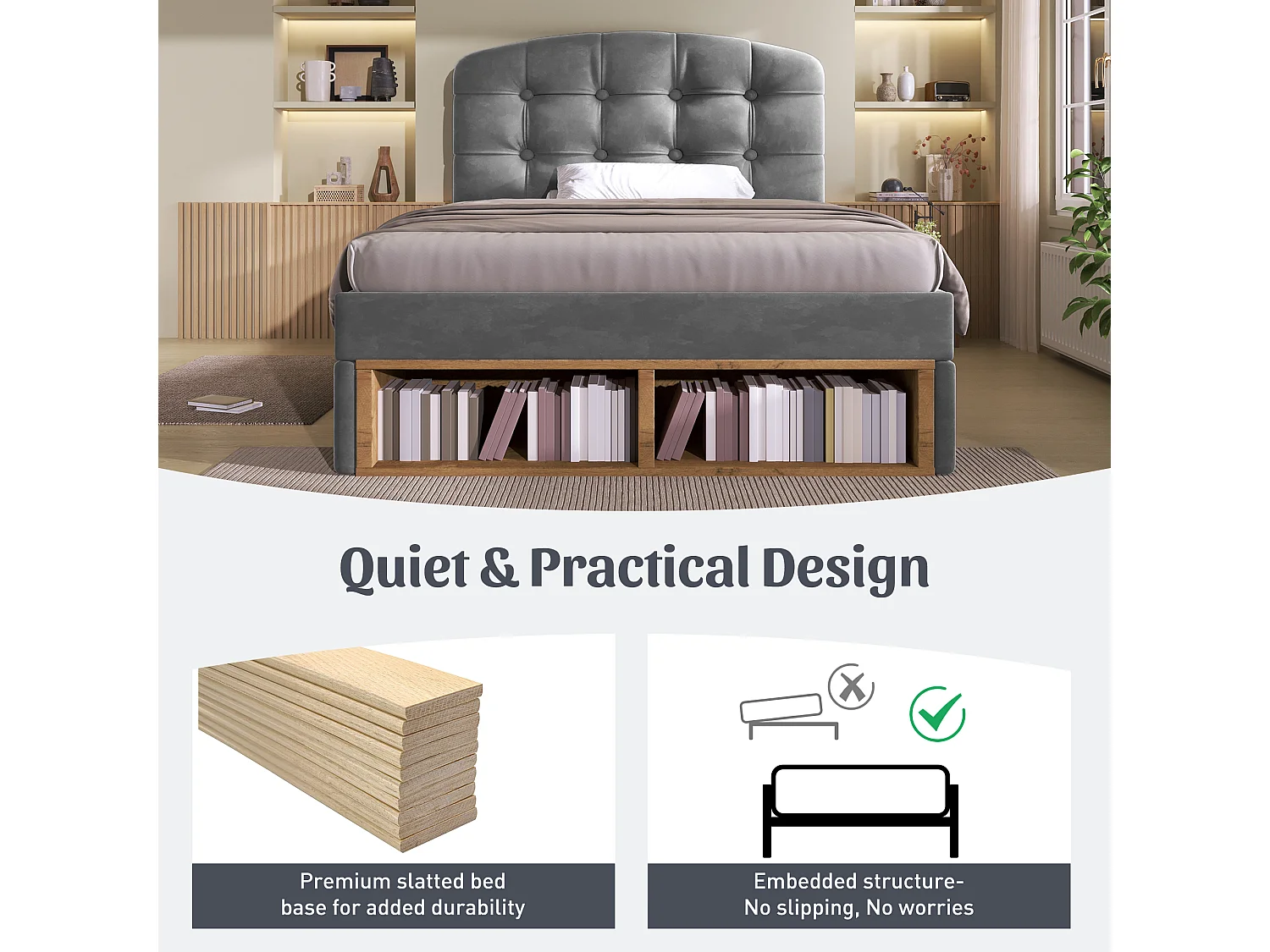 Children's single storage bed - 90 x 190 cm - with adjustable headboard + drawers + shelves - velvet - grey