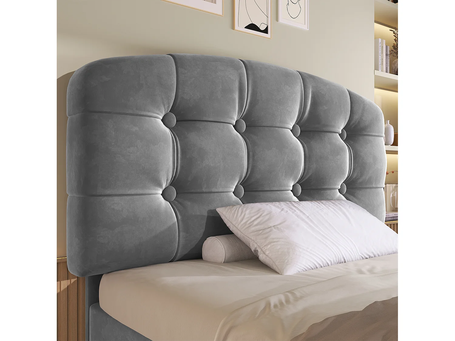 Children's single storage bed - 90 x 190 cm - with adjustable headboard + drawers + shelves - velvet - grey