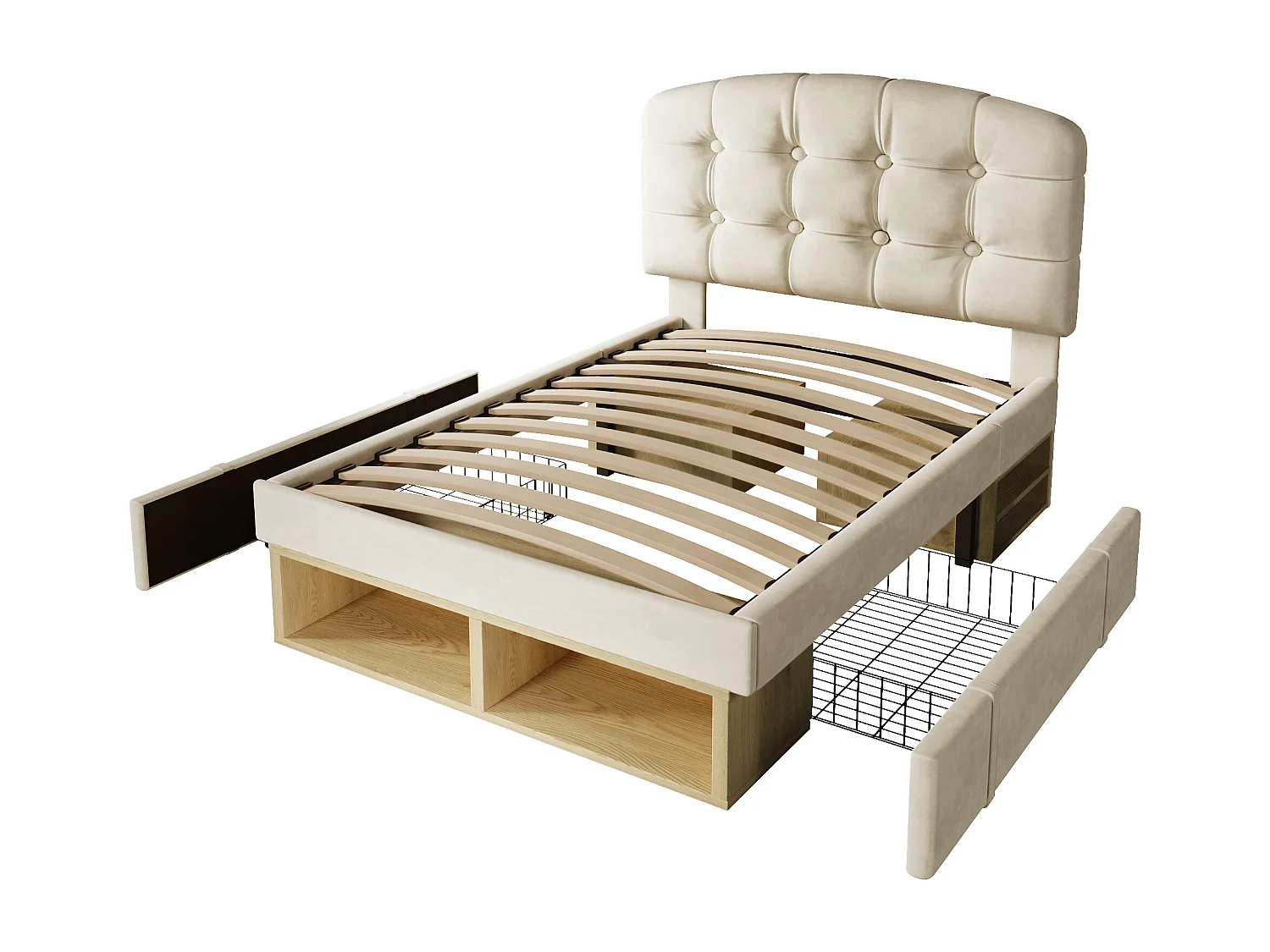 Single storage bed for children - 90 x 190 cm - with adjustable headboard + drawers + shelves - velvet - beige