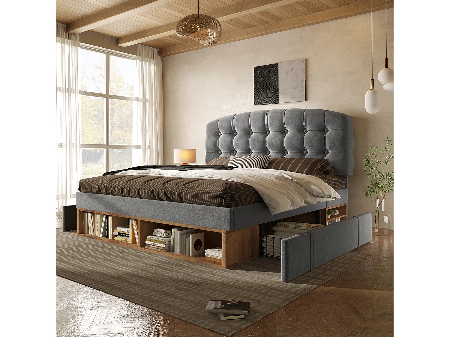 Double storage bed - 135 x 190 cm - with adjustable headboard + drawers + shelves - velvet - grey