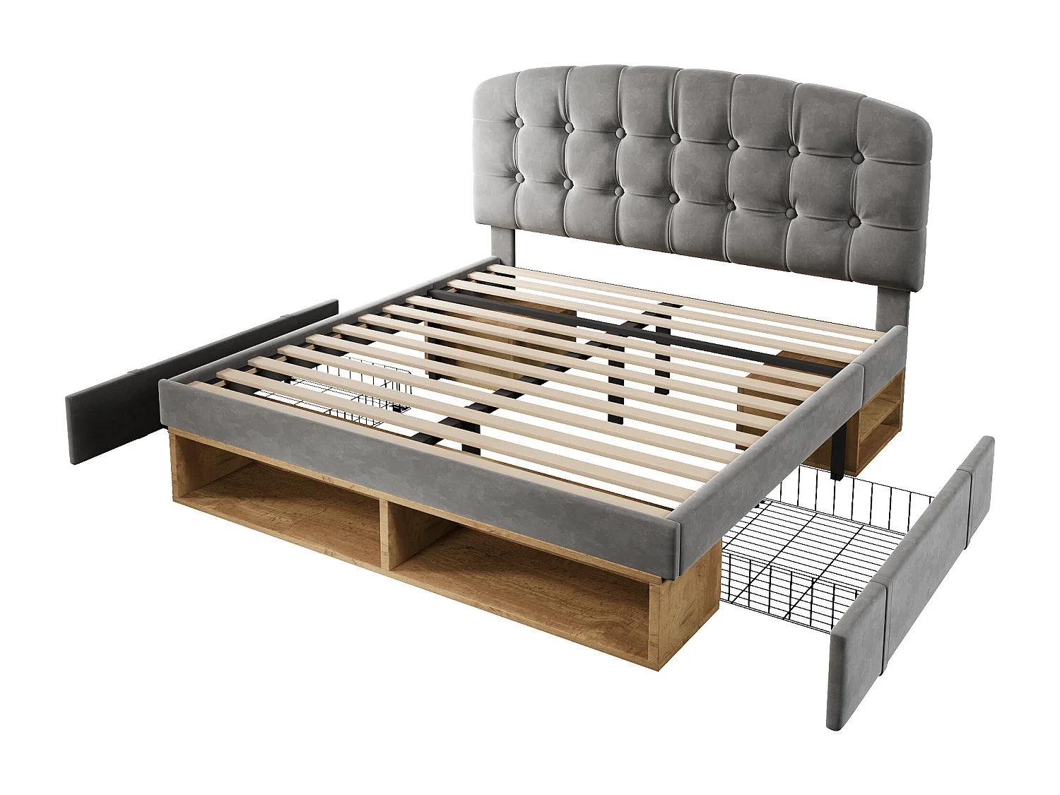 Double storage bed - 135 x 190 cm - with adjustable headboard + drawers + shelves - velvet - grey