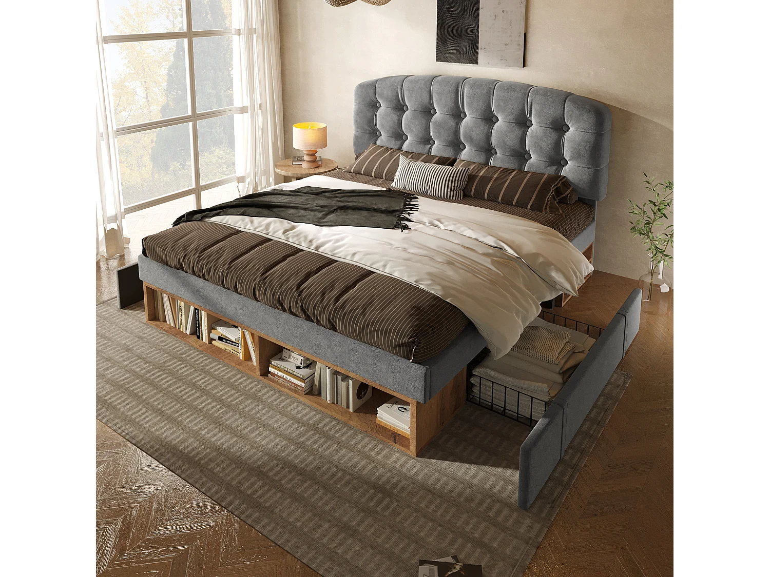Double storage bed - 135 x 190 cm - with adjustable headboard + drawers + shelves - velvet - grey
