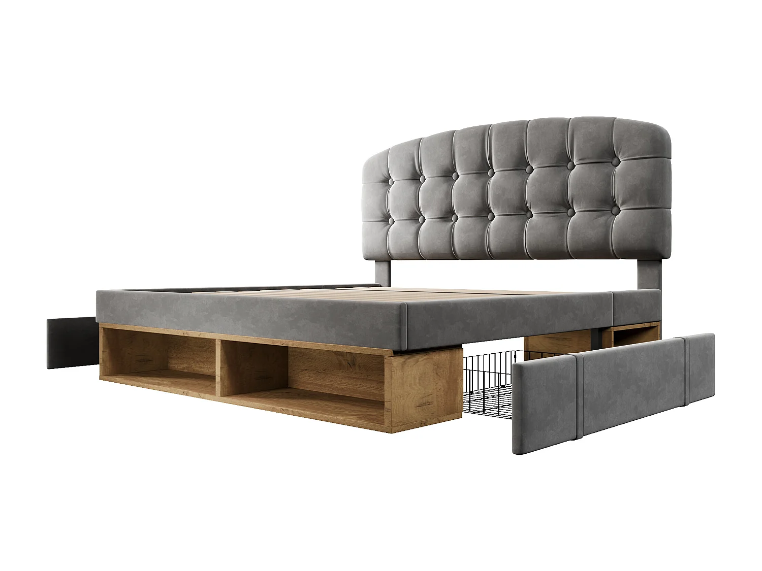 Double storage bed - 135 x 190 cm - with adjustable headboard + drawers + shelves - velvet - grey
