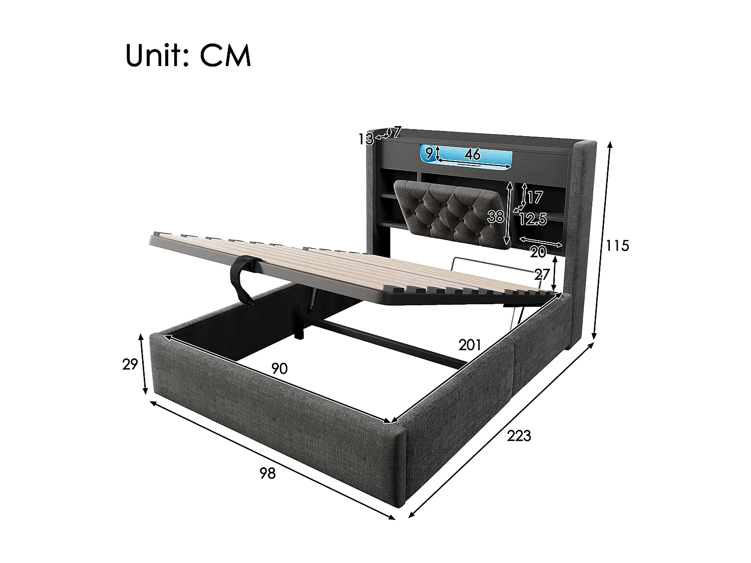 Hydraulisk säng med förvaring - 90 x 200 cm - med LED-lampor + USB/Type-C + huvudgavel med förvaring - linne - grå