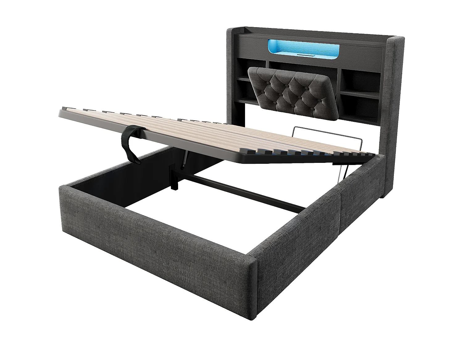 Hydraulisk säng med förvaring - 90 x 200 cm - med LED-lampor + USB/Type-C + huvudgavel med förvaring - linne - grå