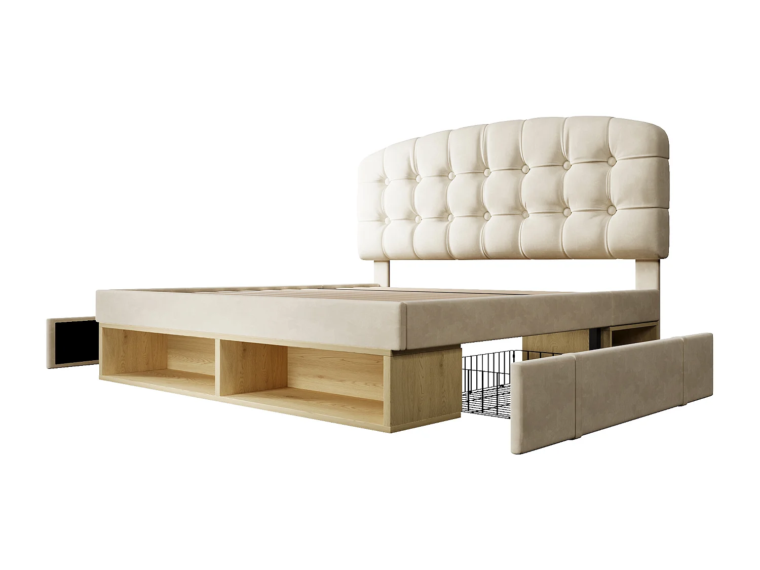 Double storage bed - 135 x 190 cm - with adjustable headboard + drawers + shelves - velvet - beige