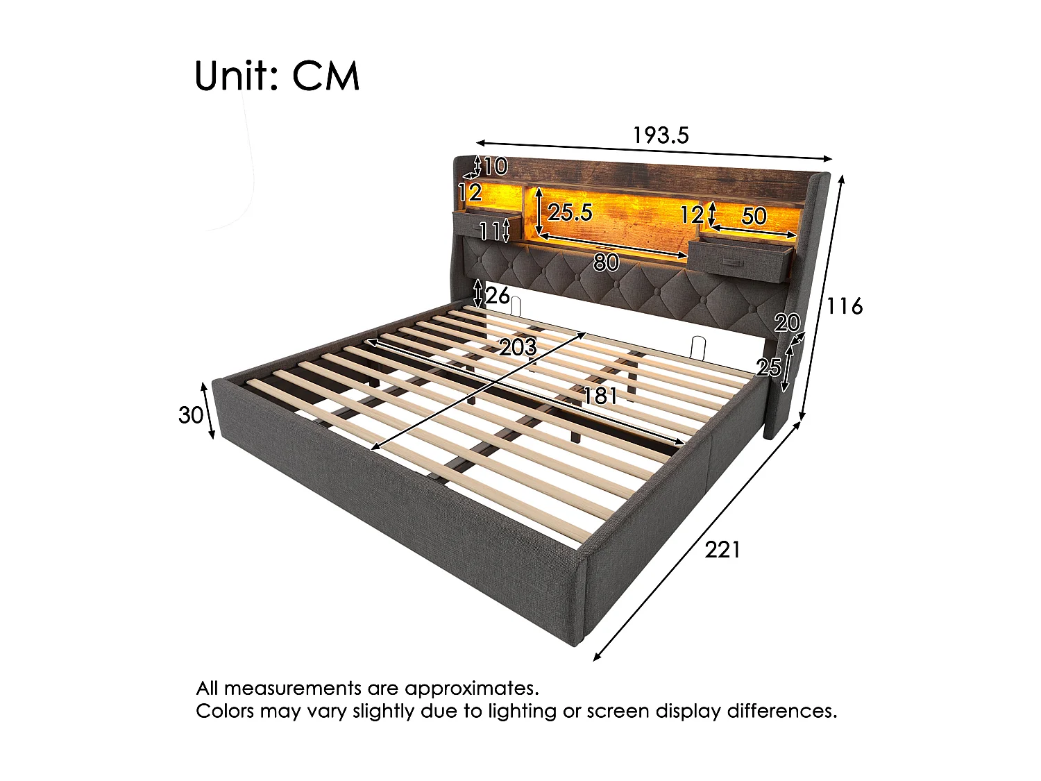 Upholstered storage bed - 180 x 200 cm - LED headboard + 4 charging stations (USB/Type-C) - linen - grey