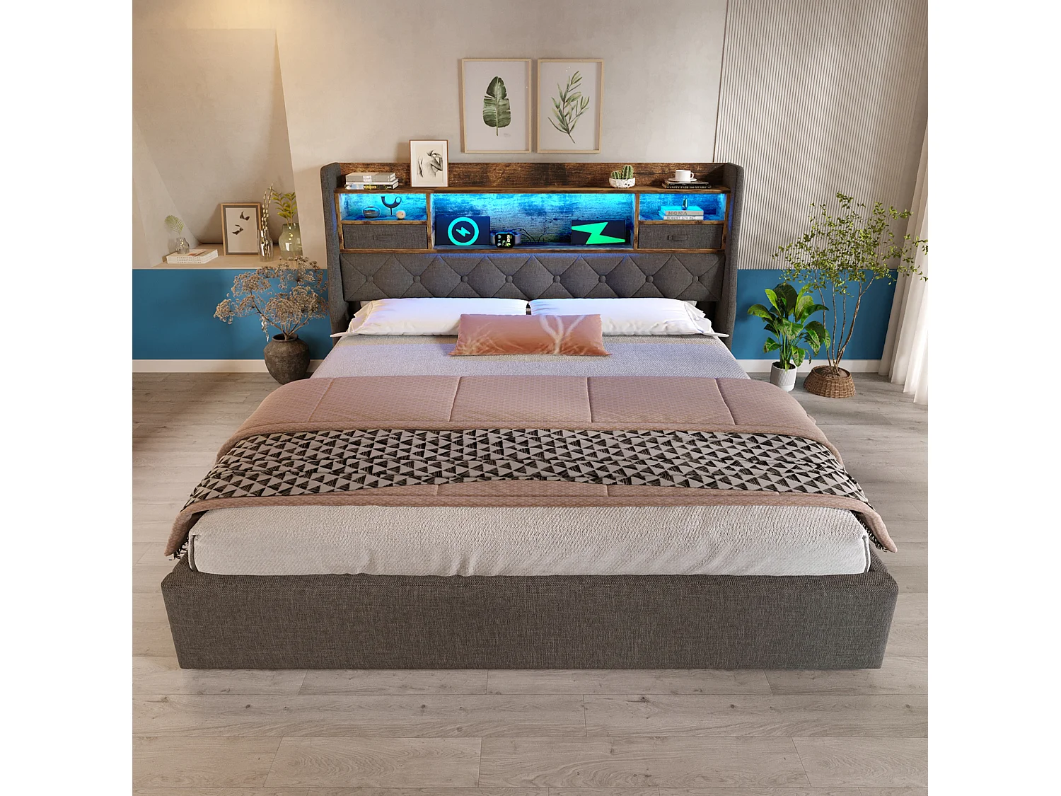 Upholstered storage bed - 180 x 200 cm - LED headboard + 4 charging stations (USB/Type-C) - linen - grey
