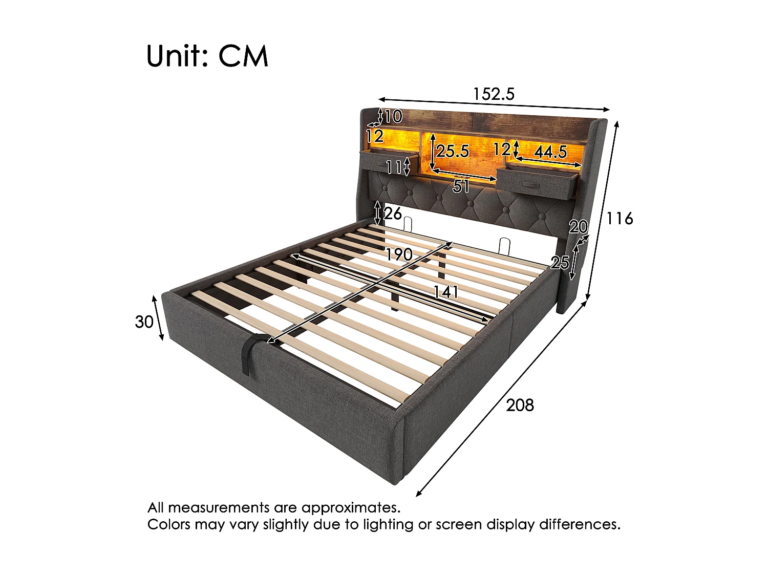 Lit coffre hydraulique - 140 x 190 cm - avec tête de lit de rangement + Leds + USB - lin - gris