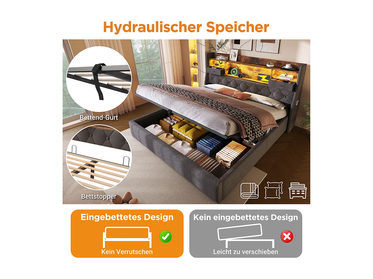 Lit coffre hydraulique - 140 x 190 cm - avec tête de lit de rangement + Leds + USB - lin - gris