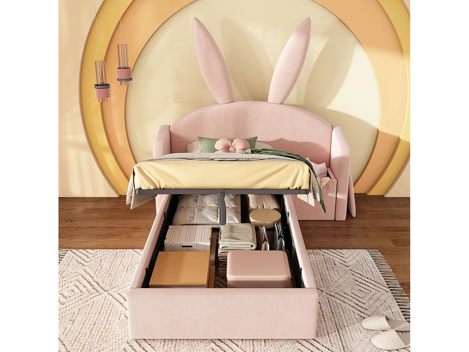 Lit coffre hydraulique capitonné enfant - 90 x 190 cm - avec tête de lit + table de chevet - velours - rose