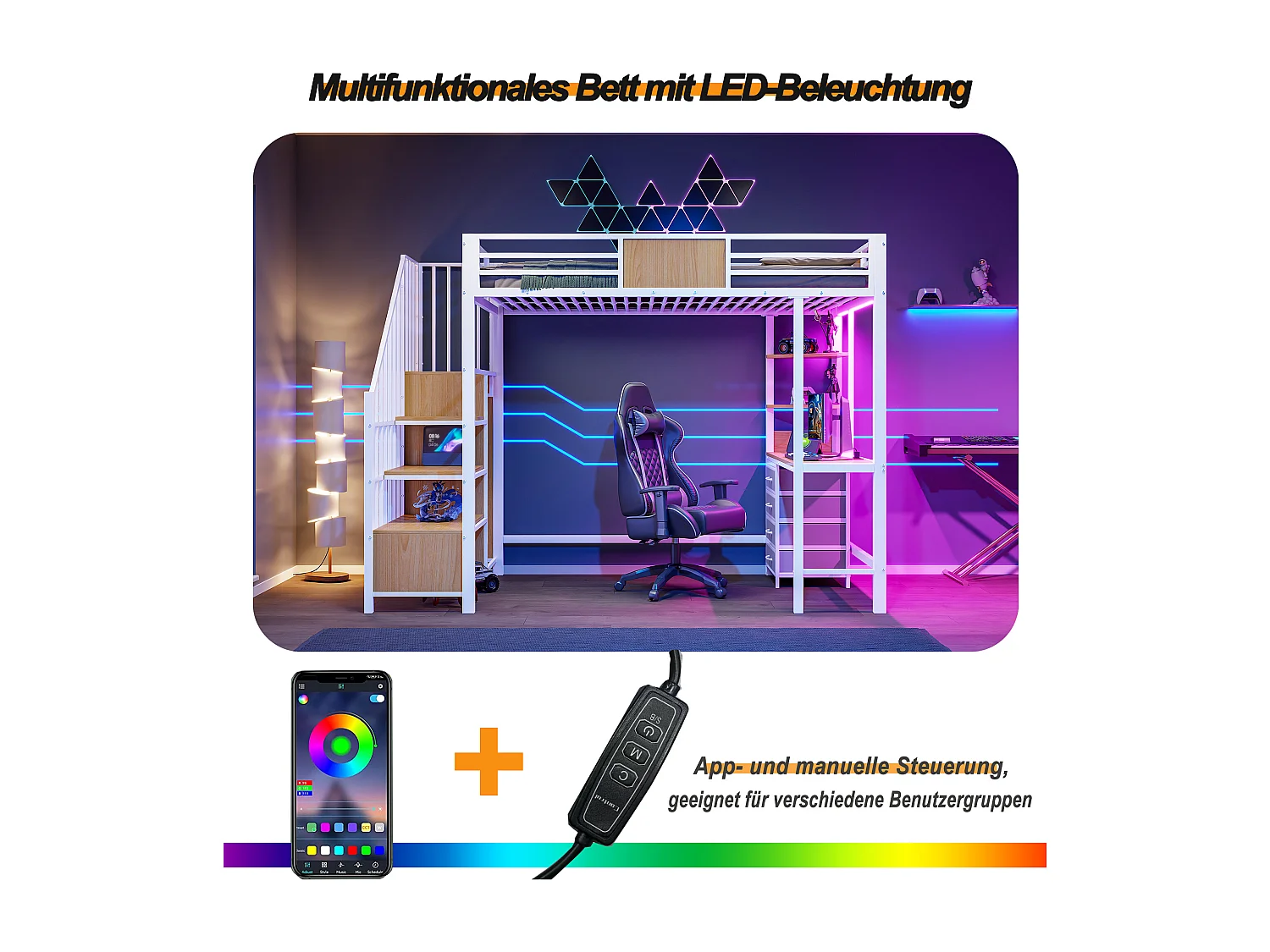 Loftsäng i metall - 90 x 200 cm - med skrivbord + lådor + garderob + LED-lampor + förvaringsstege - metall - vit