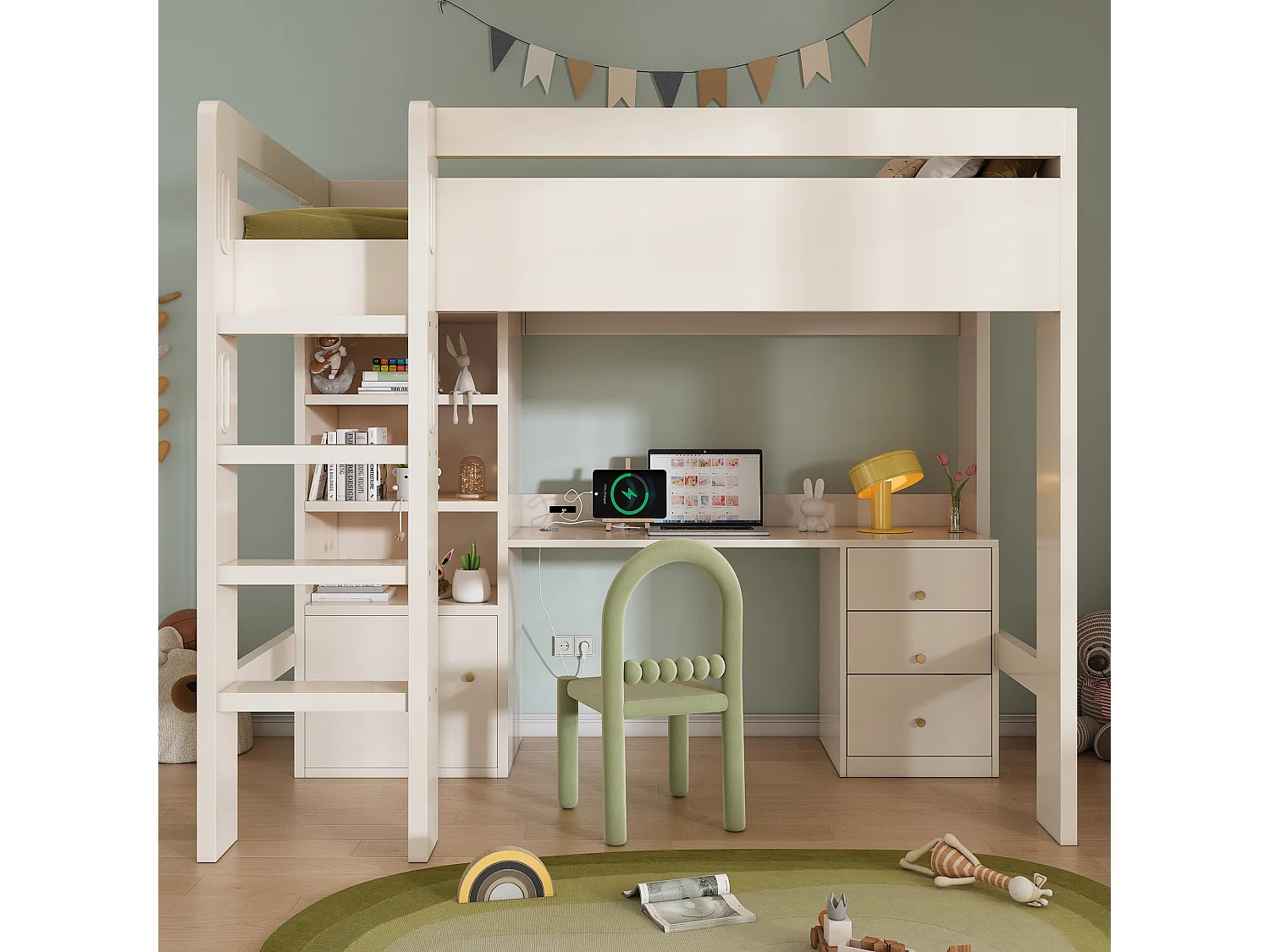 Children's loft bed - 90 x 190 cm - with desk + shelves + 3 drawers + USB/Type-C - solid wood + MDF - white