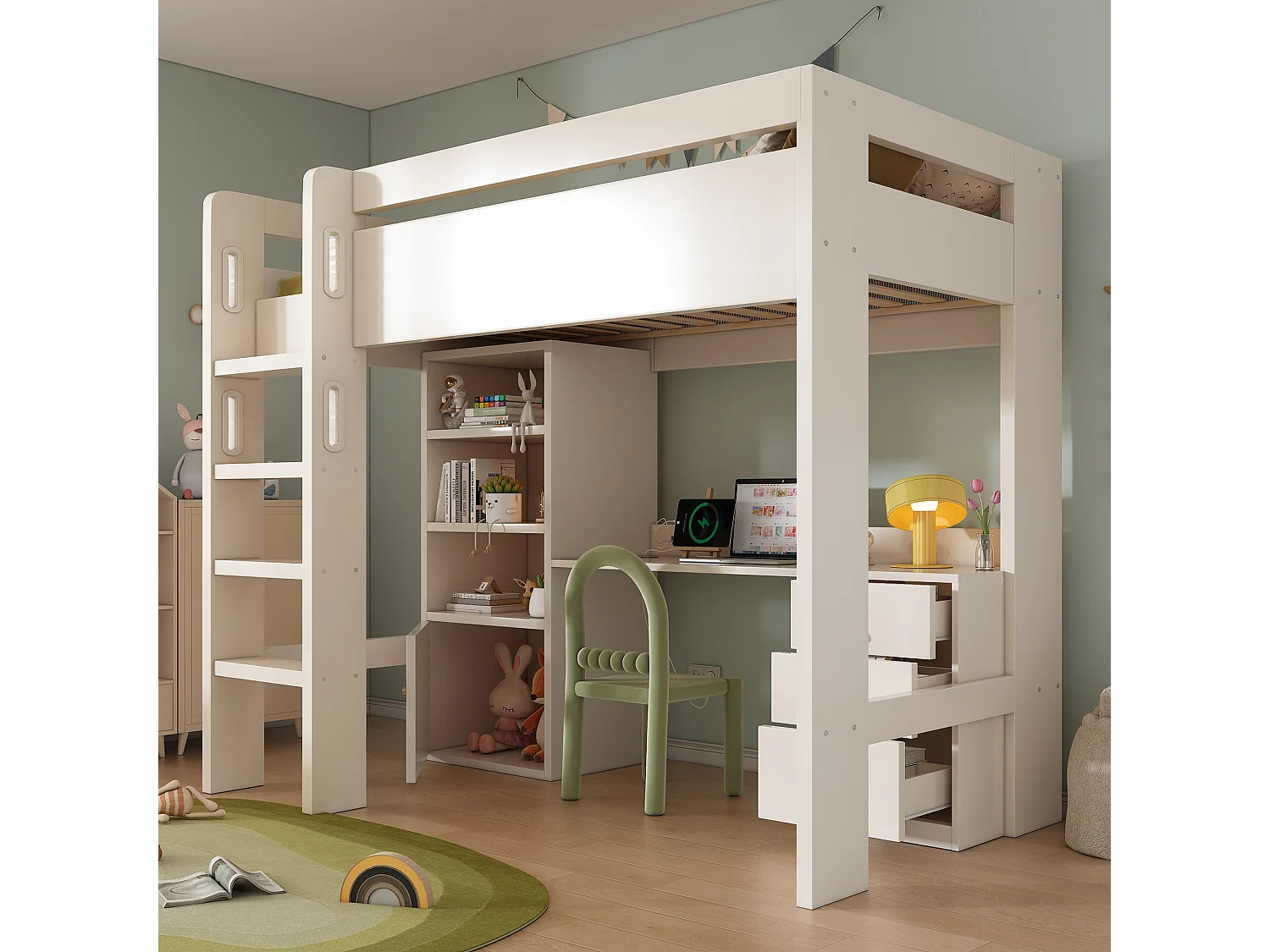 Children's loft bed - 90 x 190 cm - with desk + shelves + 3 drawers + USB/Type-C - solid wood + MDF - white