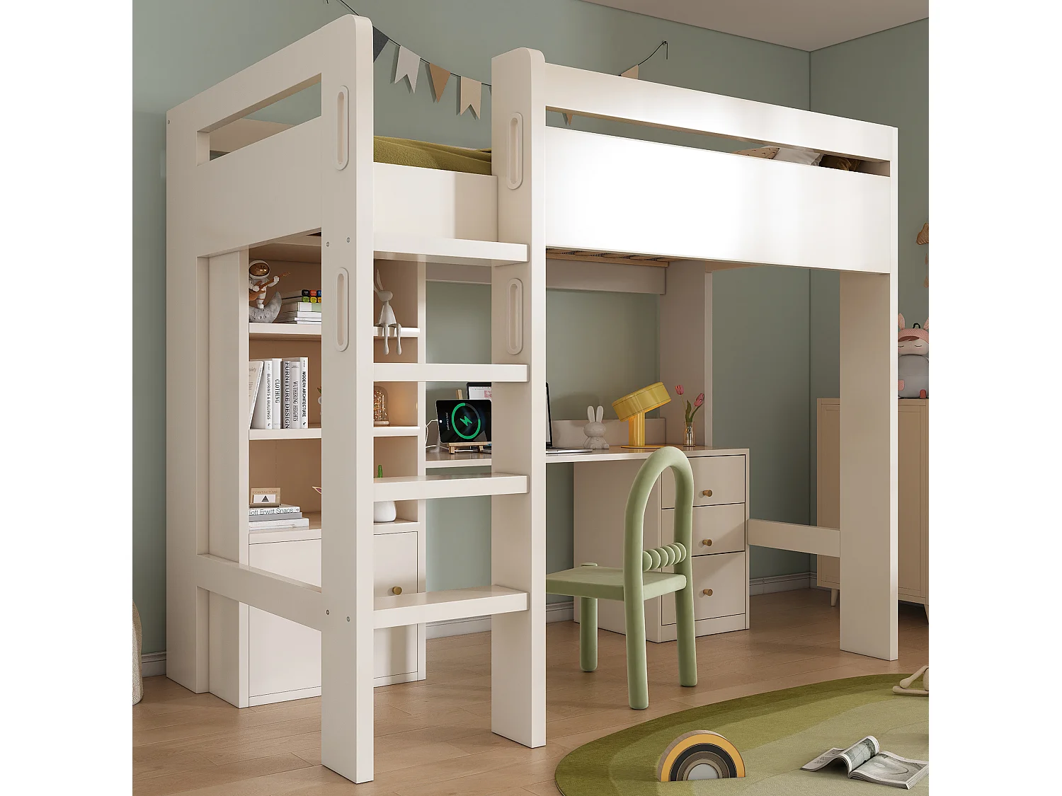 Children's loft bed - 90 x 190 cm - with desk + shelves + 3 drawers + USB/Type-C - solid wood + MDF - white