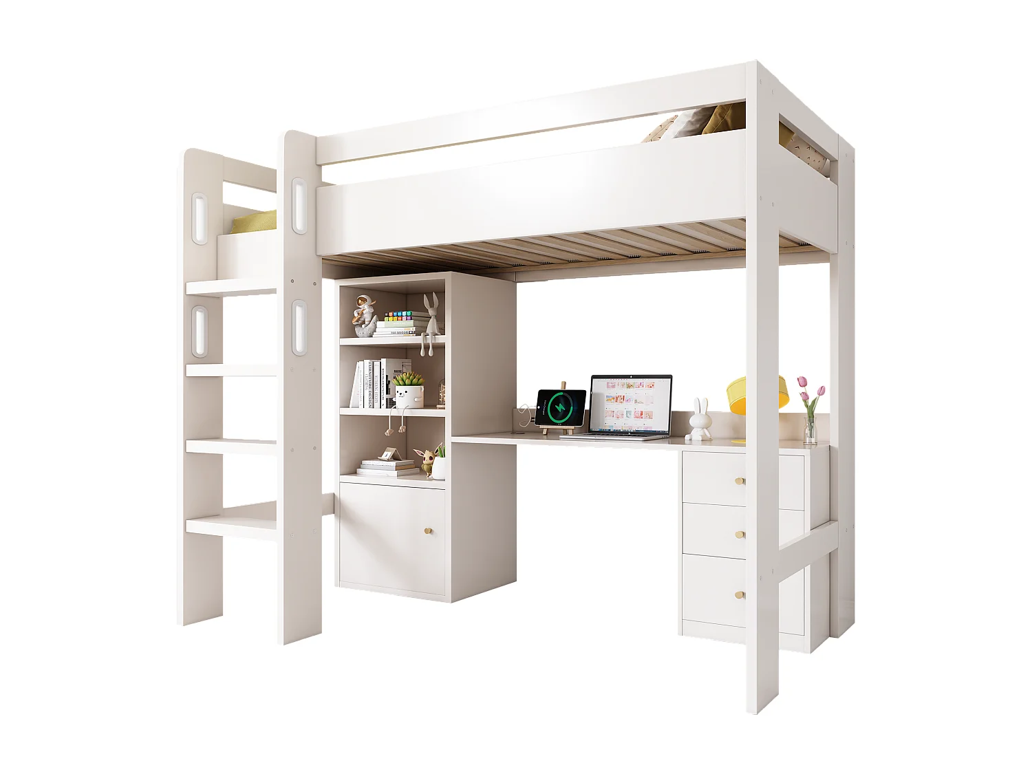 Children's loft bed - 90 x 190 cm - with desk + shelves + 3 drawers + USB/Type-C - solid wood + MDF - white