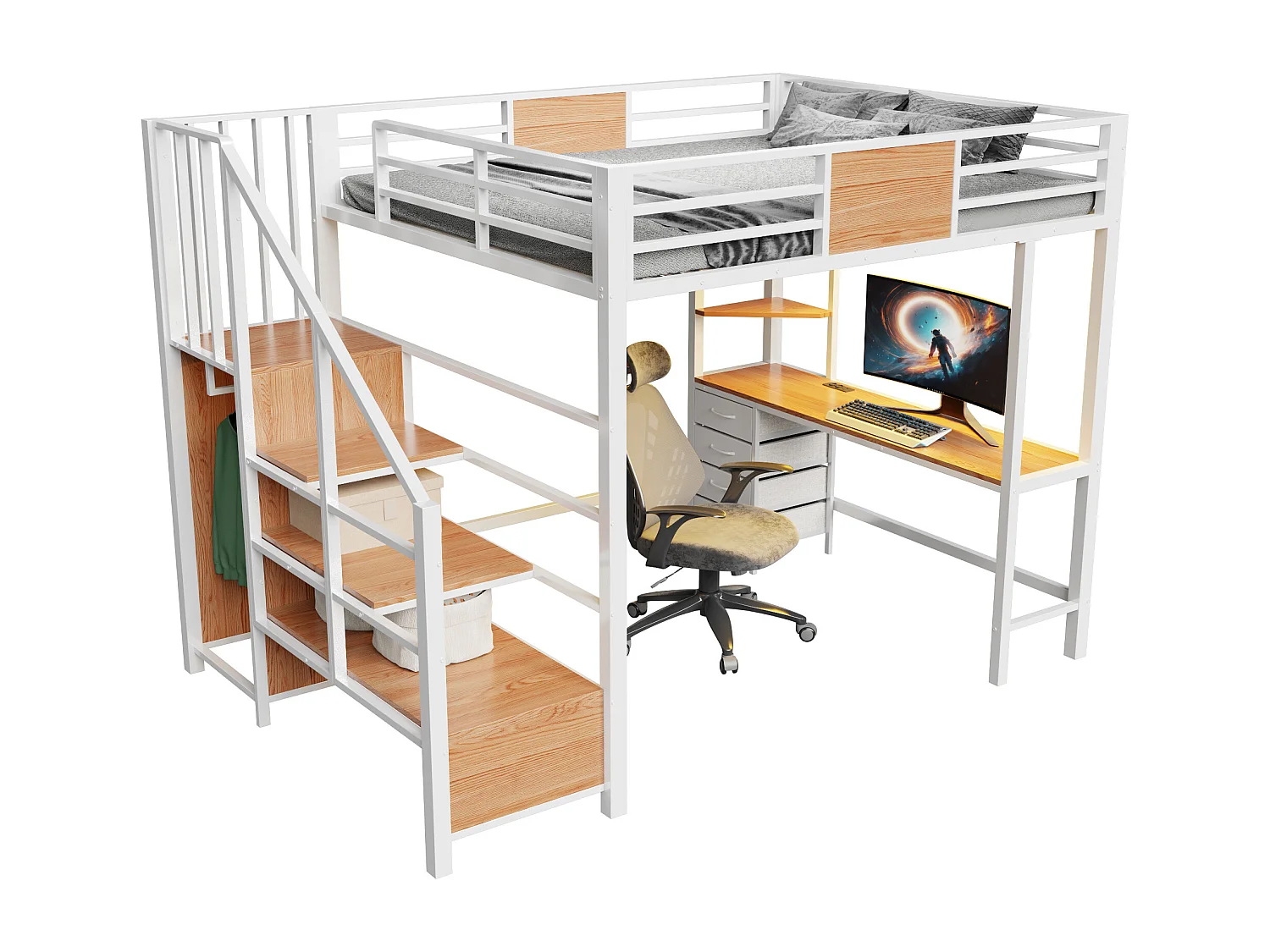 Letto a soppalco in metallo - 140 x 200 cm - con scrivania + scaletta contenitore + armadio + LED - bianco