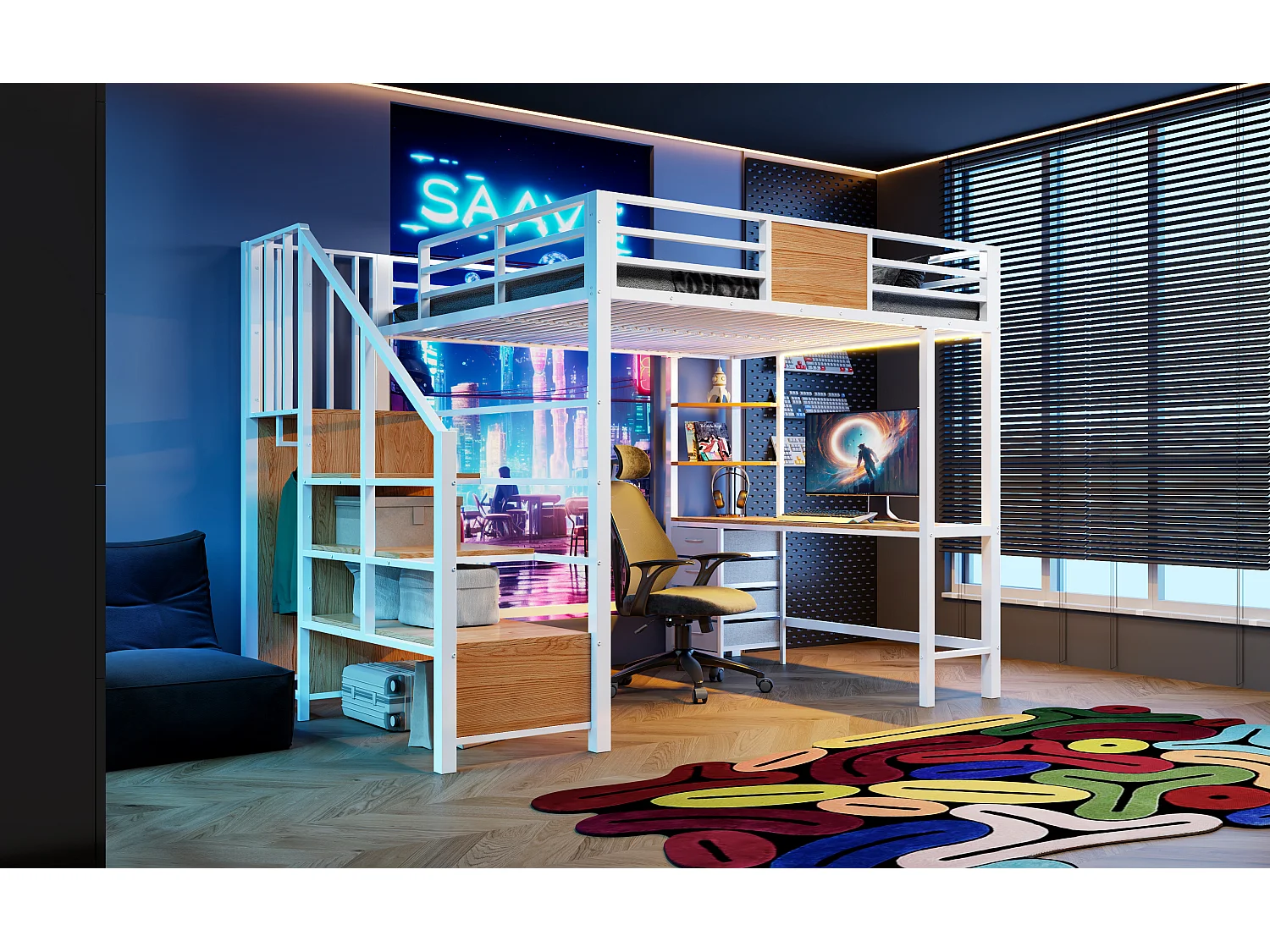 Letto a soppalco in metallo - 140 x 200 cm - con scrivania + scaletta contenitore + armadio + LED - bianco