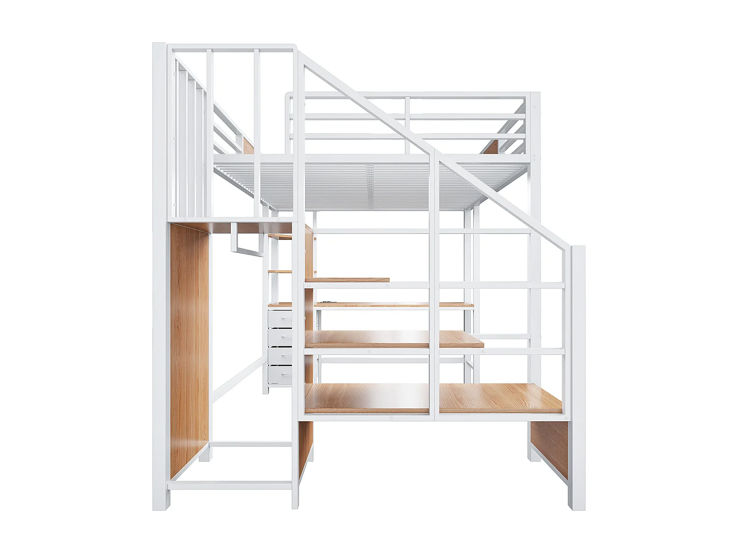 Letto a soppalco in metallo - 140 x 200 cm - con scrivania + scaletta contenitore + armadio + LED - bianco