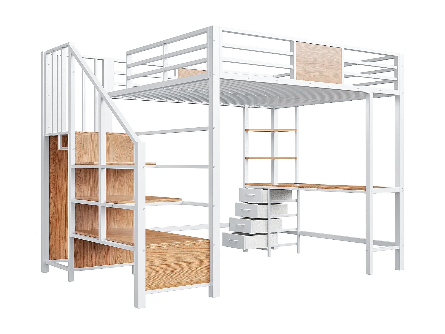 Letto a soppalco in metallo - 140 x 200 cm - con scrivania + scaletta contenitore + armadio + LED - bianco