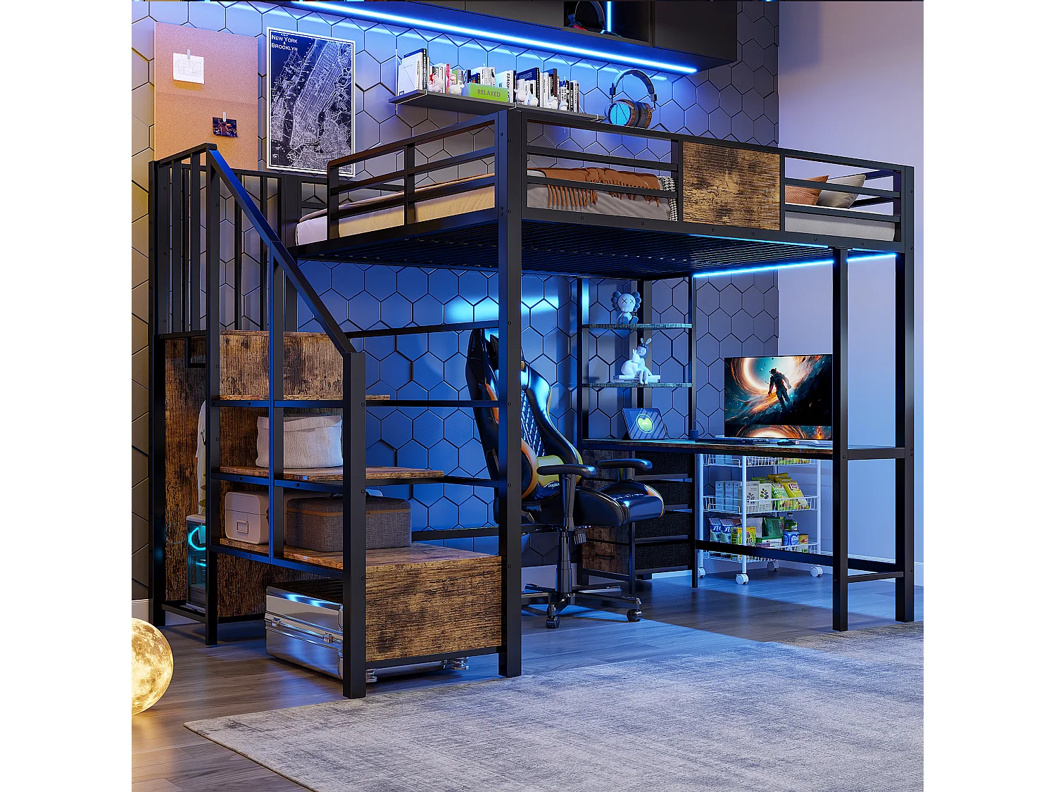 Metall-Hochbett – 140 x 200 cm – mit Schreibtisch, Treppe mit Stauraum, Kleiderschrank und LED-Beleuchtung – schwarz