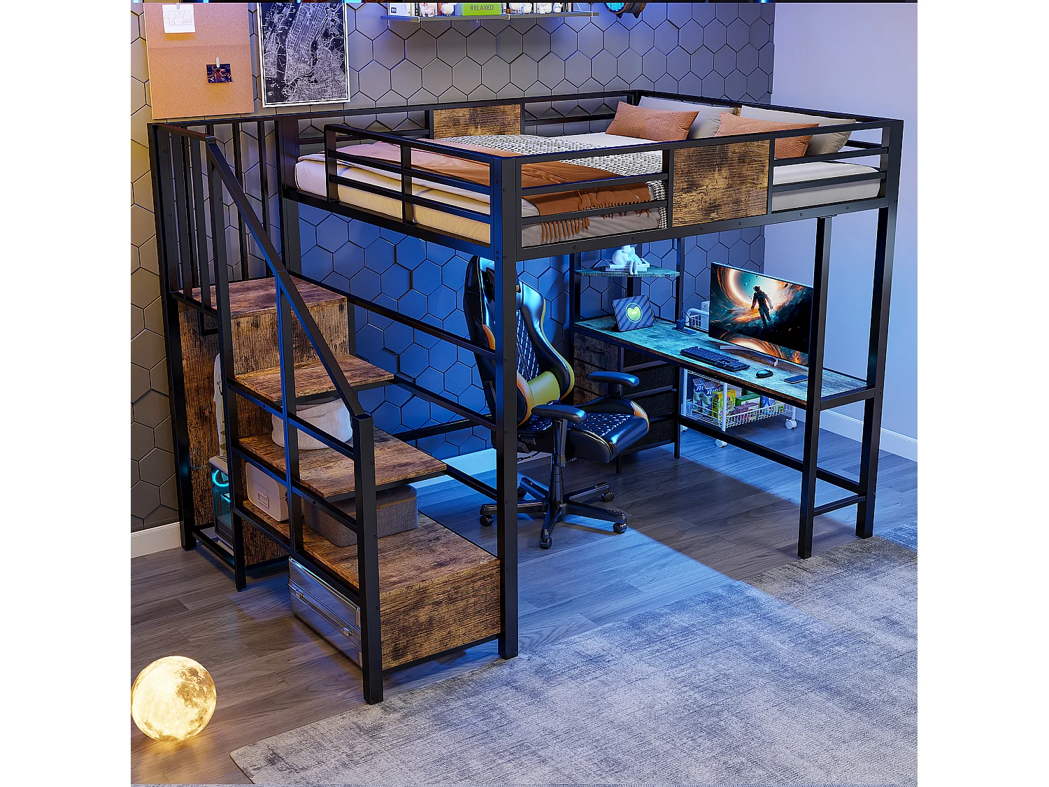 Metall-Hochbett – 140 x 200 cm – mit Schreibtisch, Treppe mit Stauraum, Kleiderschrank und LED-Beleuchtung – schwarz