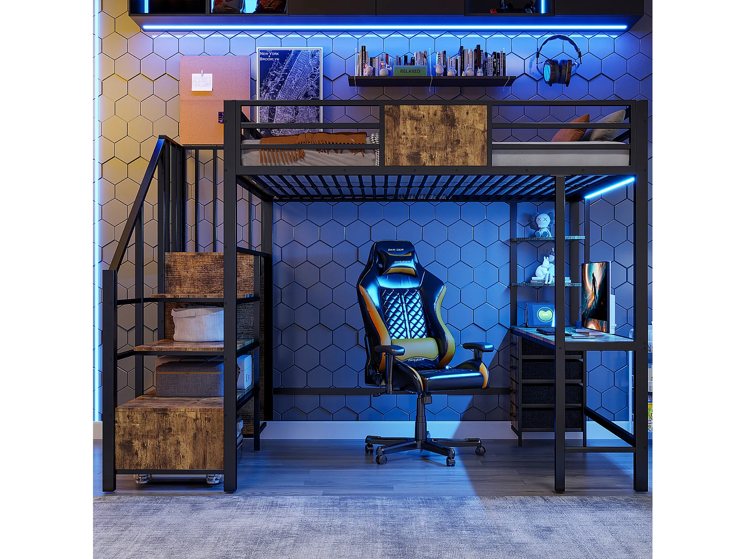 Metall-Hochbett – 140 x 200 cm – mit Schreibtisch, Treppe mit Stauraum, Kleiderschrank und LED-Beleuchtung – schwarz