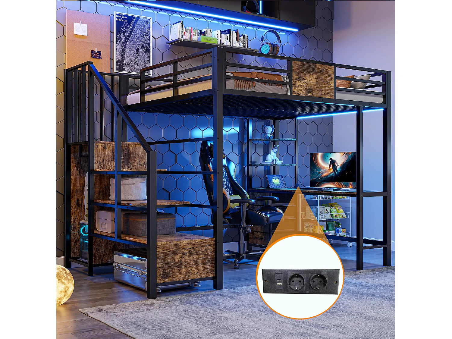 Metall-Hochbett – 140 x 200 cm – mit Schreibtisch, Treppe mit Stauraum, Kleiderschrank und LED-Beleuchtung – schwarz