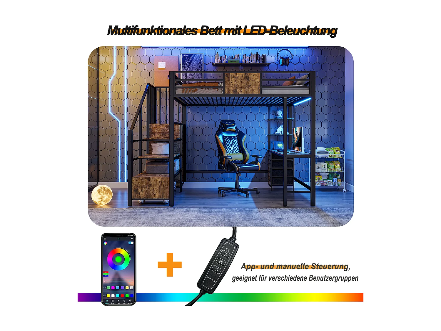 Metall-Hochbett – 140 x 200 cm – mit Schreibtisch, Treppe mit Stauraum, Kleiderschrank und LED-Beleuchtung – schwarz