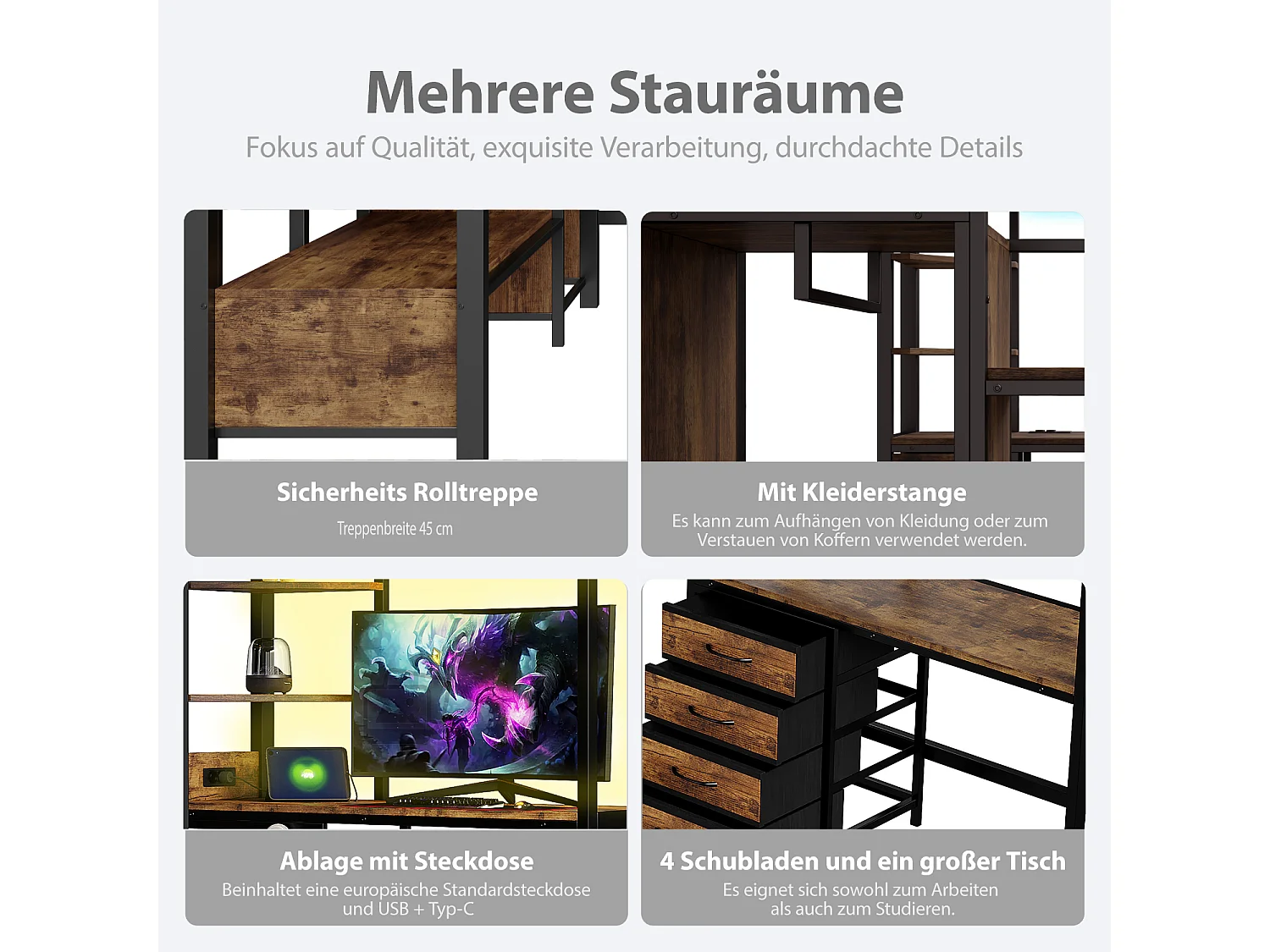 Metall-Hochbett – 140 x 200 cm – mit Schreibtisch, Treppe mit Stauraum, Kleiderschrank und LED-Beleuchtung – schwarz